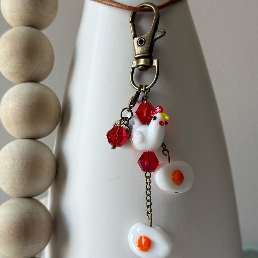 Which came first? Chicken and Egg Keychain/Zipper Pull/Purse Flair White/Red